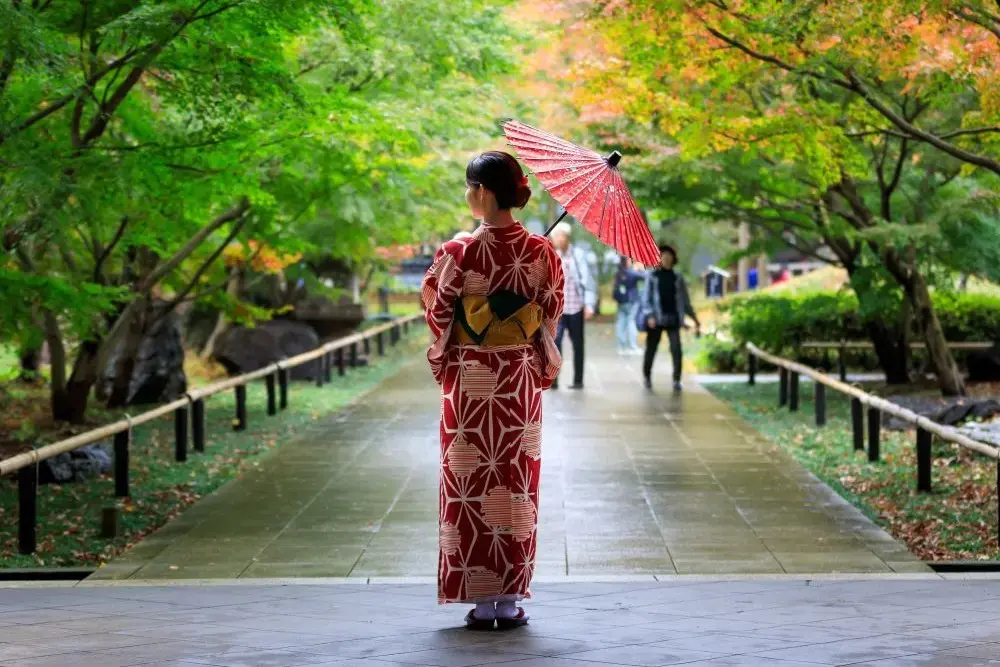 Young Japanese wearing red kimono and hand holding umbrella standing at the entrance to the park in autumn leaves season in Japan 