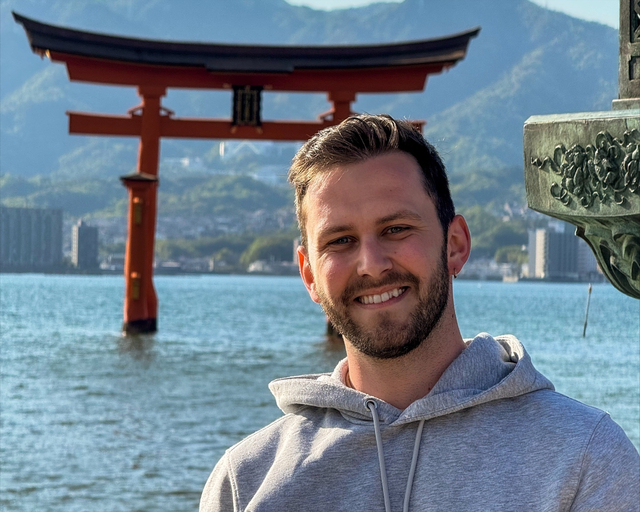 At Itsukushima-jinja shrine, with its floating torii, in Miyajima