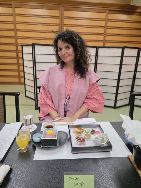 Eating traditional dinner in ryokan