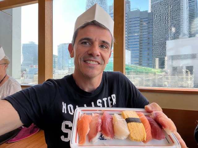 With a box of sushi at sushi workshop