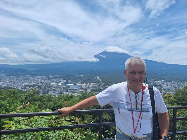 With Mount Fuji in the background 