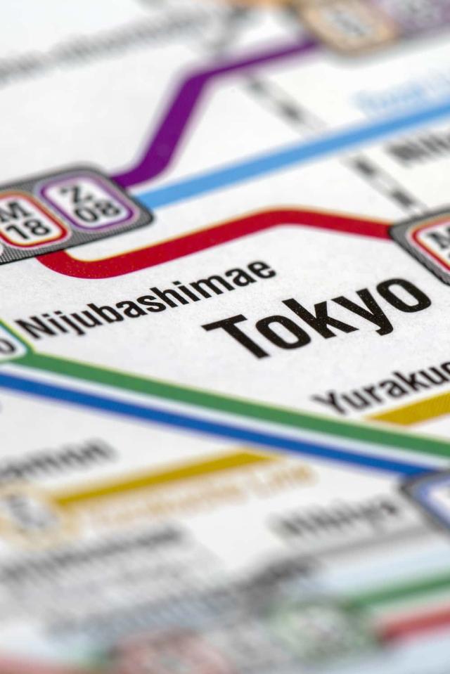 Map of the Tokyo subway system showing train lines and stations