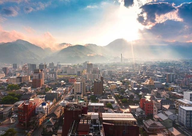 Beppu city at sunset