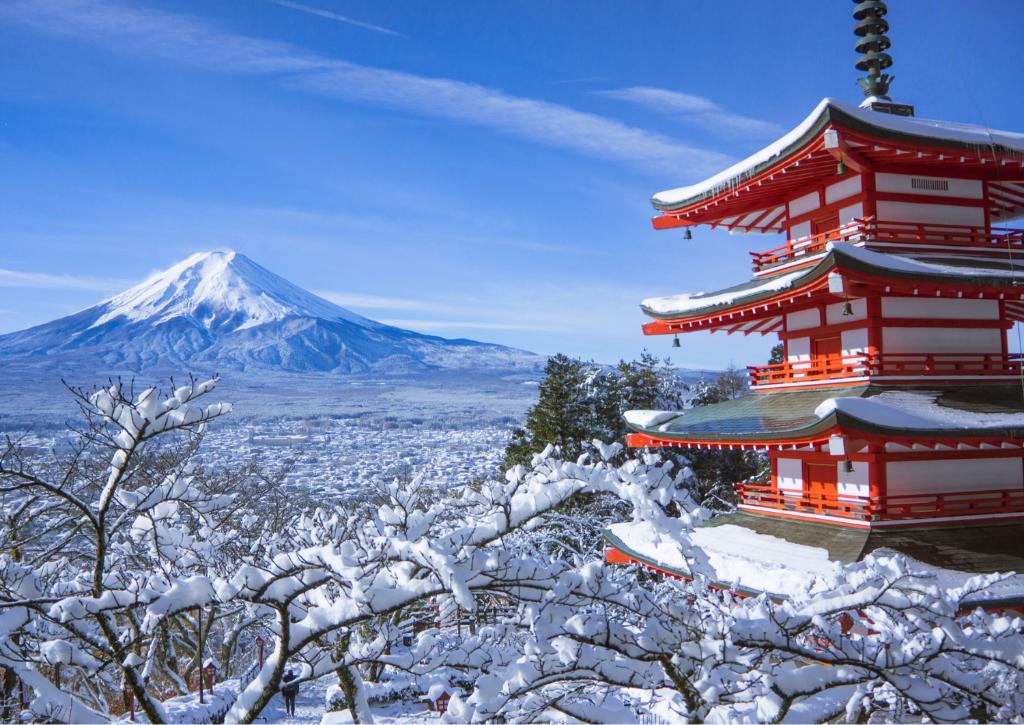 Mount Fuji and Chureito Pagoda in winter