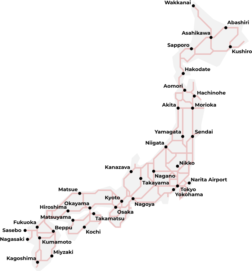 Map showing the Japan Rail (JR) network and train routes across Japan.